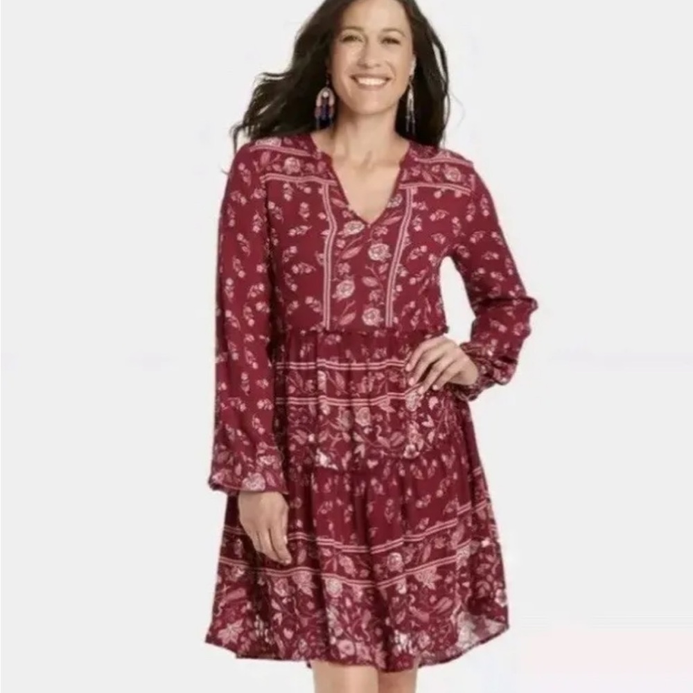 Knox Rose red white floral long sleeve BOHO relaxed dress Size XS | Taylor Swift